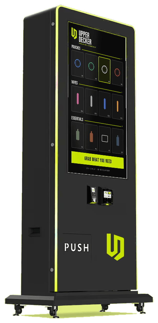 Upper Decker Slim Tower 2.0 freestanding vending kiosk with a 43-inch touchscreen and lime accent lighting