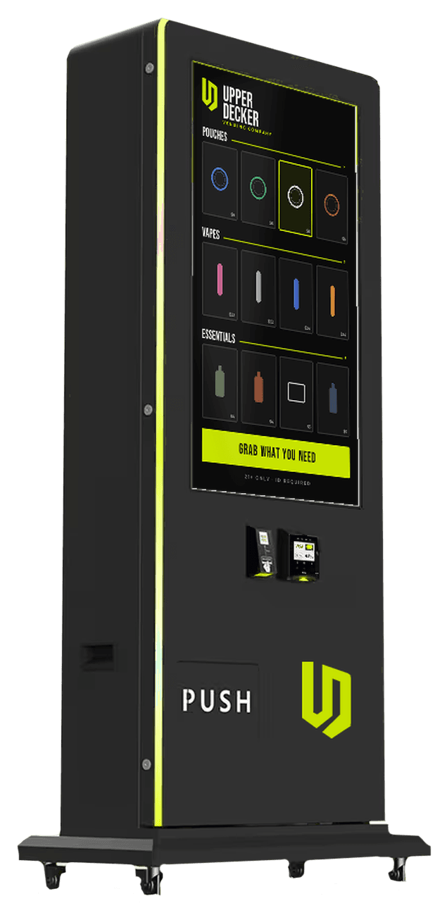 Upper Decker Slim Tower 2.0 freestanding vending kiosk with a 43-inch touchscreen and lime accent lighting